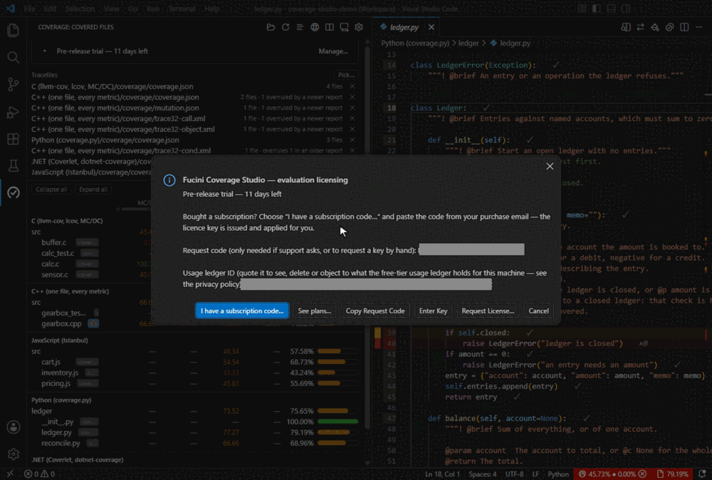 Activating by hand: the licence panel, the activation dialog, Enter Key, the pasted key, and the banner turning to Activated