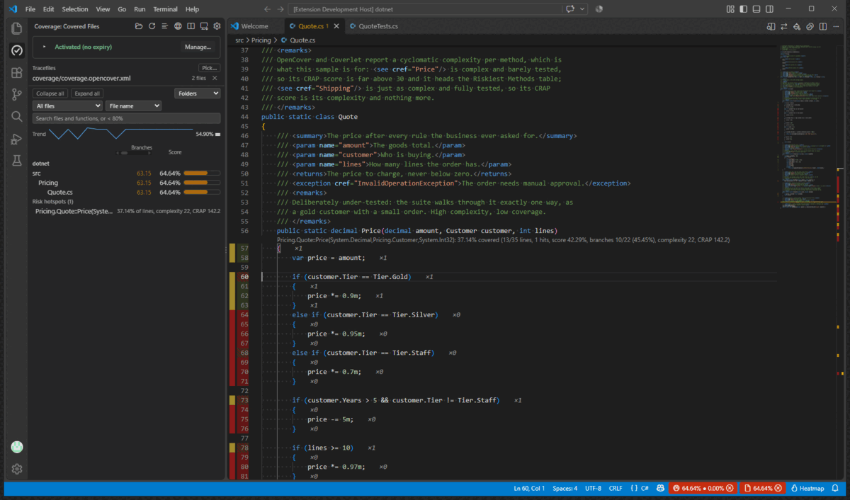 Compare with CI Baseline: the status bar's card with the vs CI baseline line, then the command listing the files that moved against main, regressions first