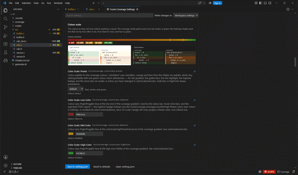 The settings page in VS Code: two colours typed in, the pinned colour preview repainting each time