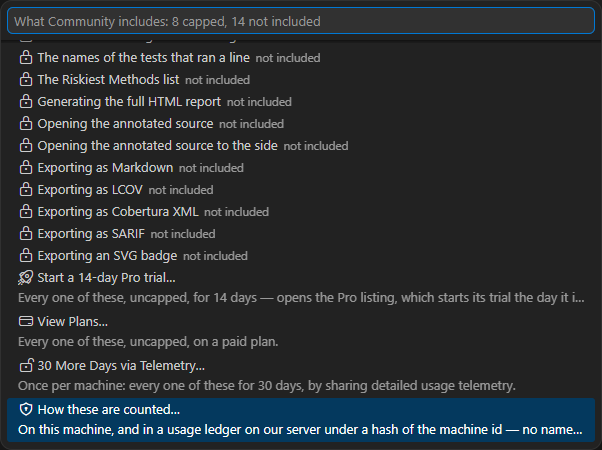 The bottom of What Community Includes: the ways to lift the caps, and How these are counted — the row that copies your usage ledger ID and opens the privacy policy