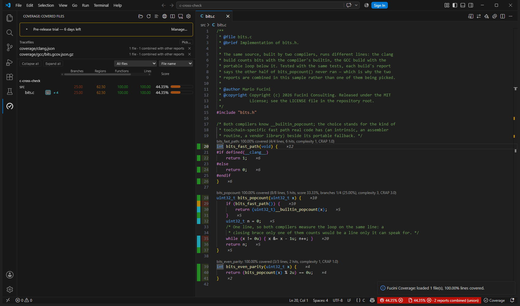 bits.c with the clang and GCC reports combined by union: every line covered, the four disputed lines still teal, and the status bar naming the union