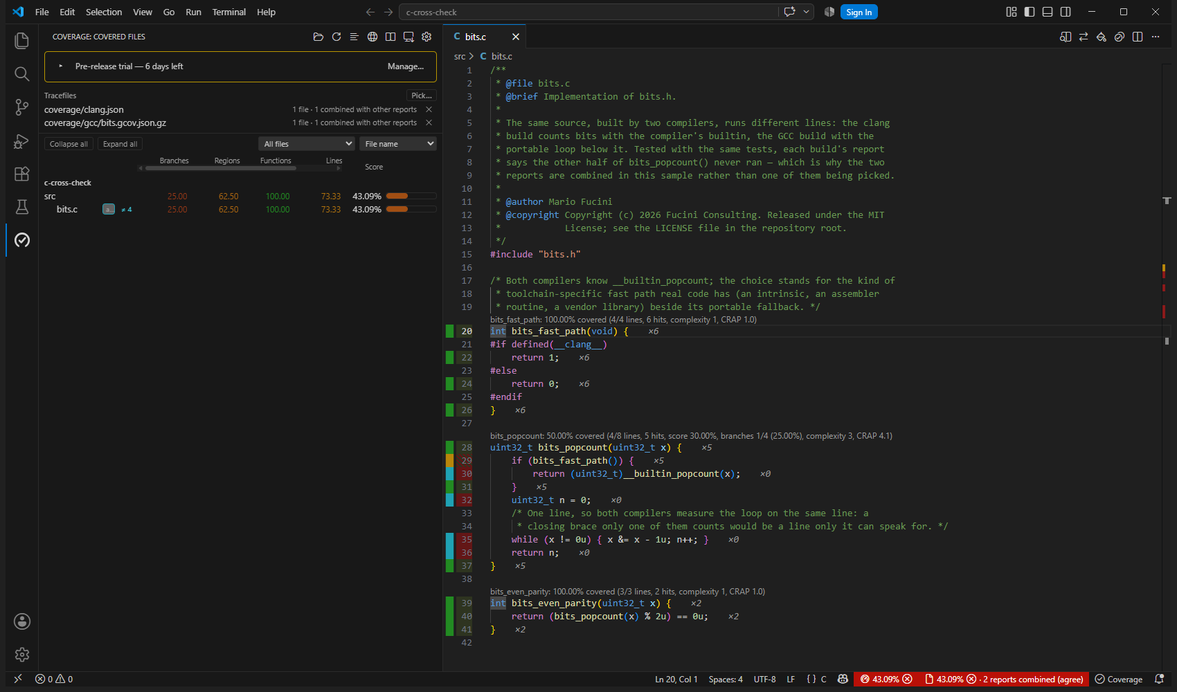 bits.c with the clang and GCC reports combined by agree: the Coverage view row names both reports with four disputed lines, and the builtin and the portable loop are marked in teal