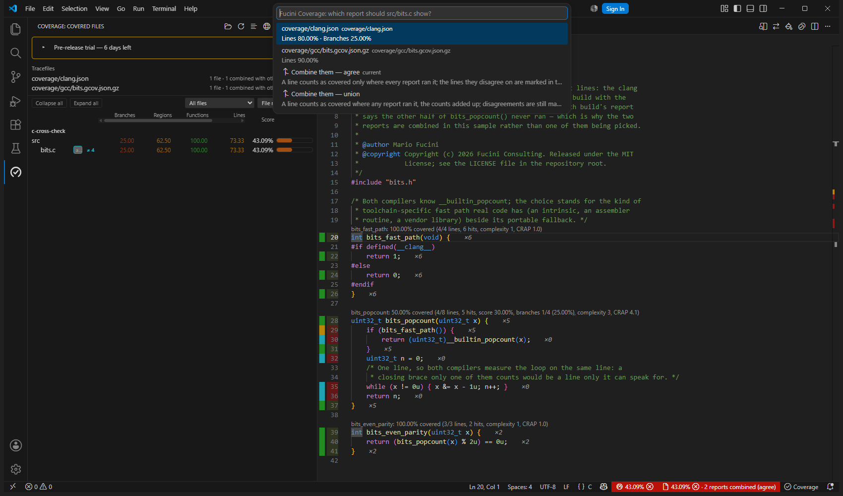 Choose Coverage Source on bits.c: clang.json with lines, branches and MC/DC, bits.gcov.json.gz with lines and branches, and the two ways to combine them