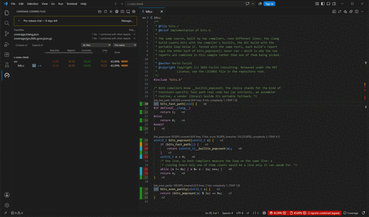 Animation in VS Code: bits.c combined by agree with four teal lines, Choose Coverage Source opened from the Coverage view, and the file reloaded combined by union