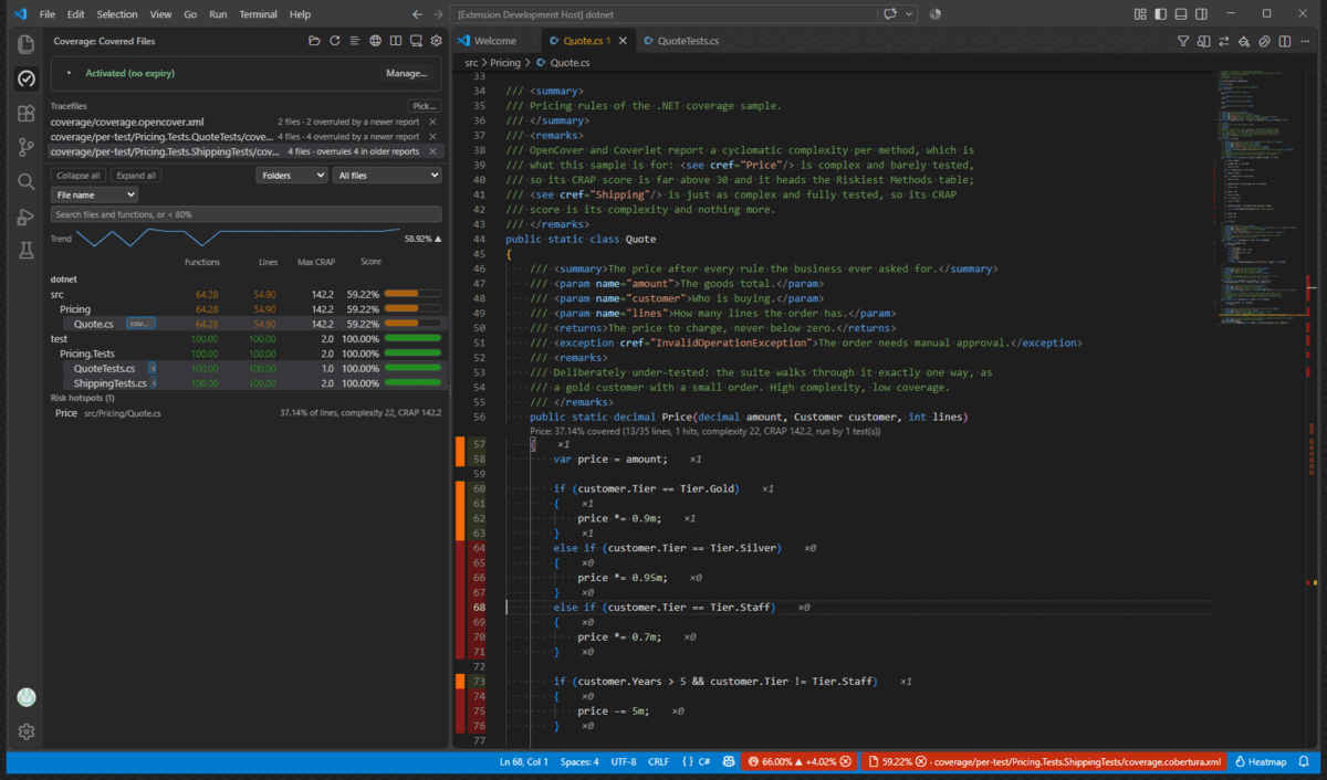 Right-click a folder row in the Coverage view, Exclude from Coverage, and the tree redraws without it while the pattern appears in settings.json