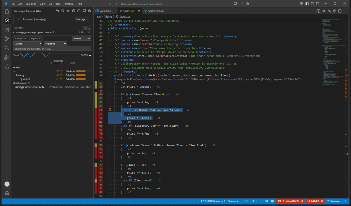 A selection in a C# method, the light bulb, Exclude from coverage, and the LCOV_EXCL_START and STOP lines appearing around it