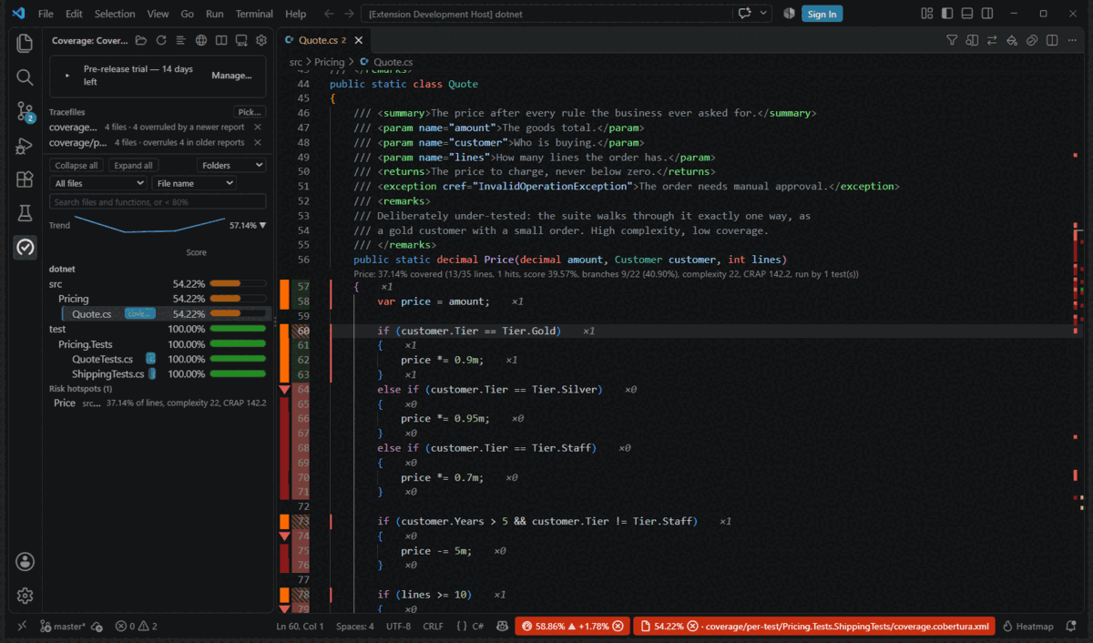 Switching editor tabs: the Coverage view's highlighted row follows, the folders above it opened