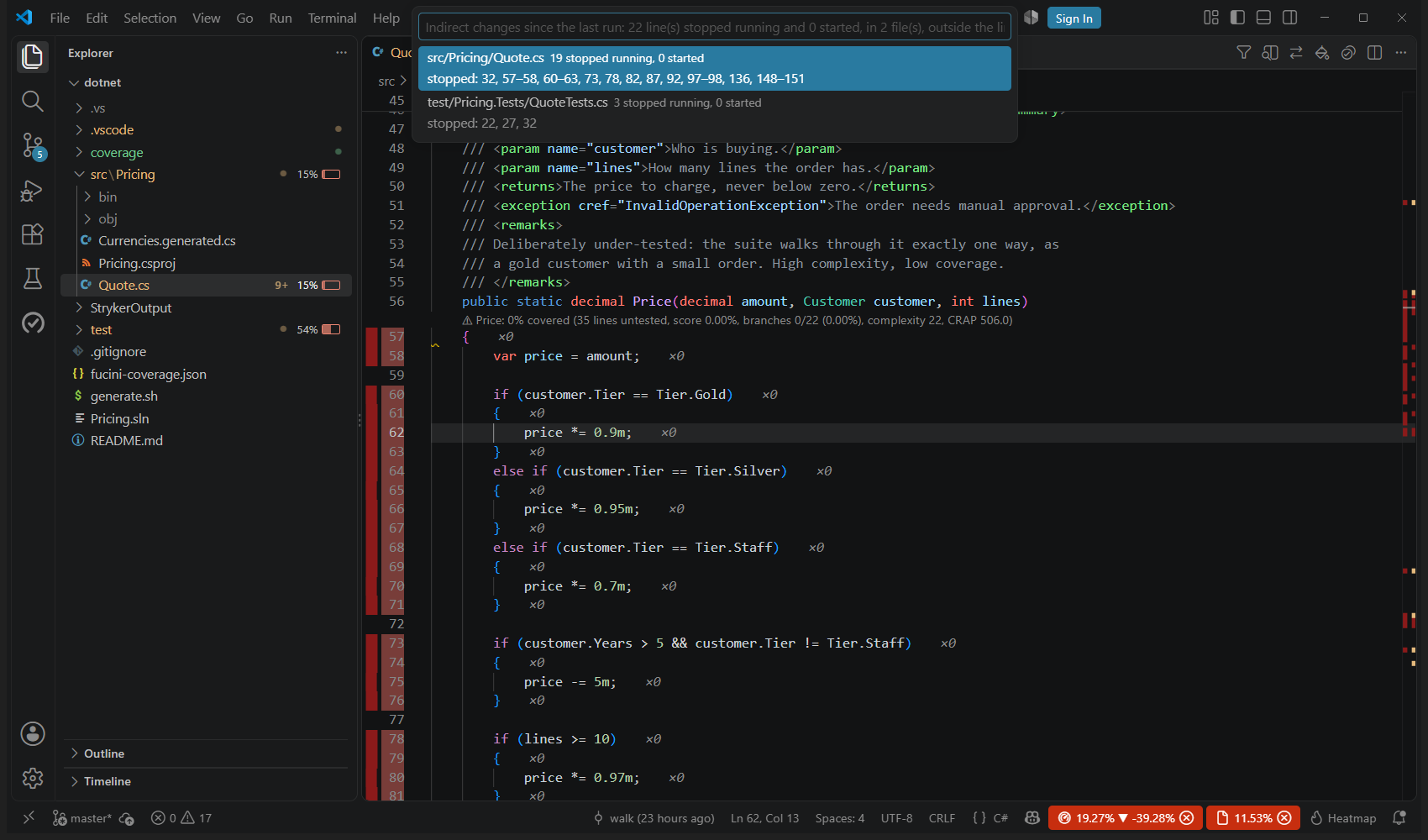 Show Indirect Coverage Changes…: a file that lost lines nobody edited, after a test was removed between two runs