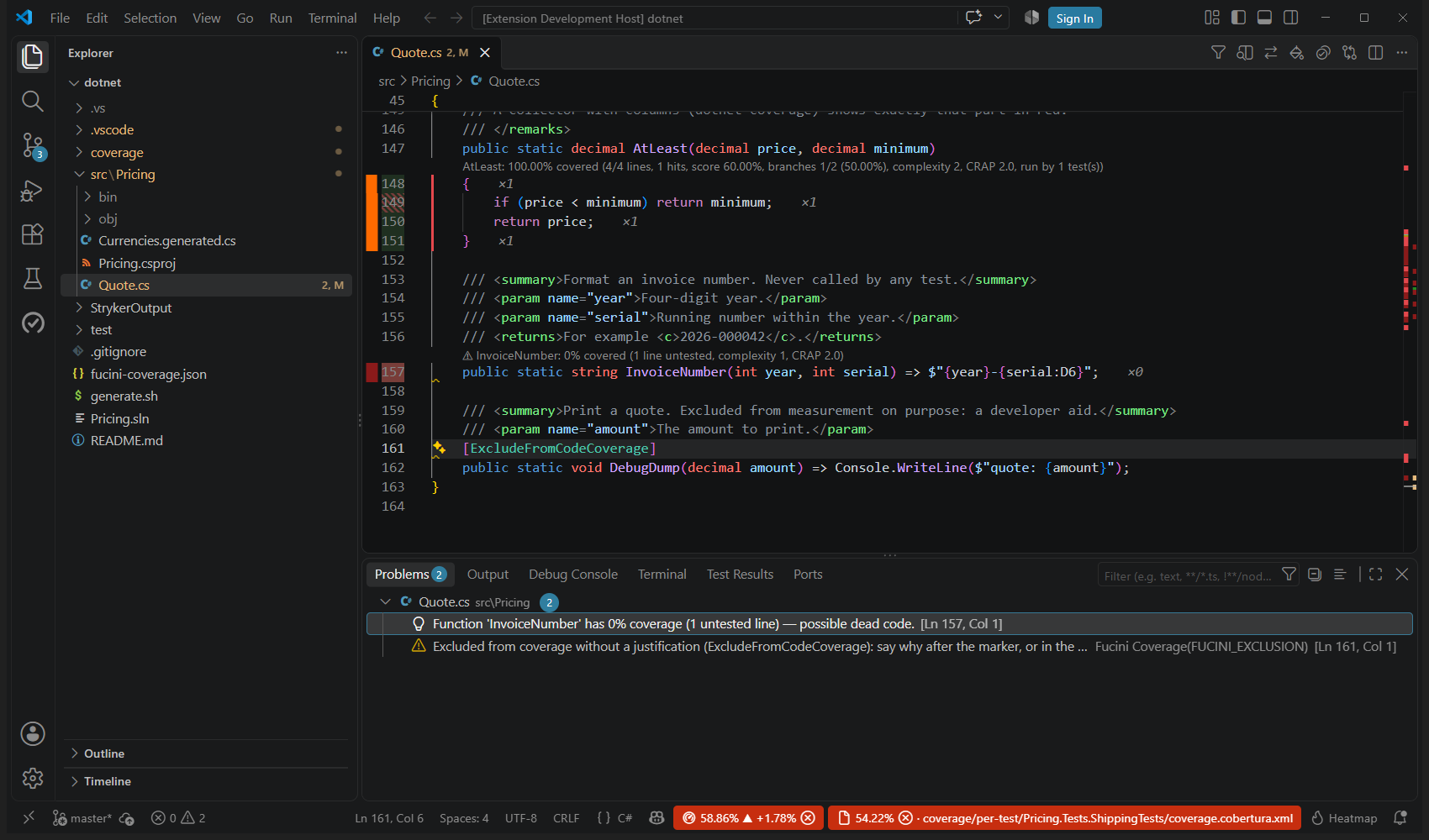 An exclusion without a reason flagged as a warning at its line, and the exported list with none given