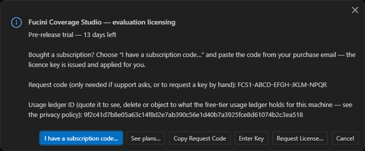 Show License / Activation: the trial state, and the buttons to enter a subscription code, see the plans or request a licence