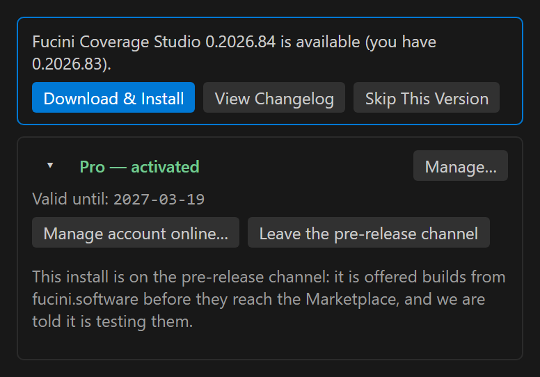 The same panel once the install has joined: an update bar offering 0.2026.84 while 0.2026.83 is running, the button now reading Leave the pre-release channel, and a line saying the install is on the channel