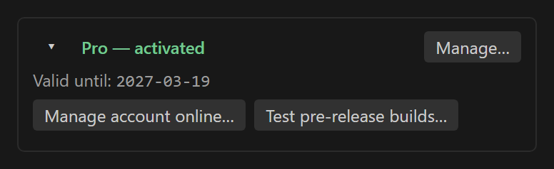The licence panel in the Coverage view, expanded: a Pro licence valid until 2027-03-19, and the button labelled Test pre-release builds