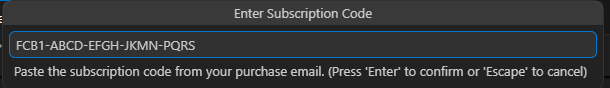 Enter Subscription Code, step 2: paste the FCB1 code from the purchase email and press Enter