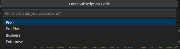 Enter Subscription Code, step 1: choose Pro from the list of plans