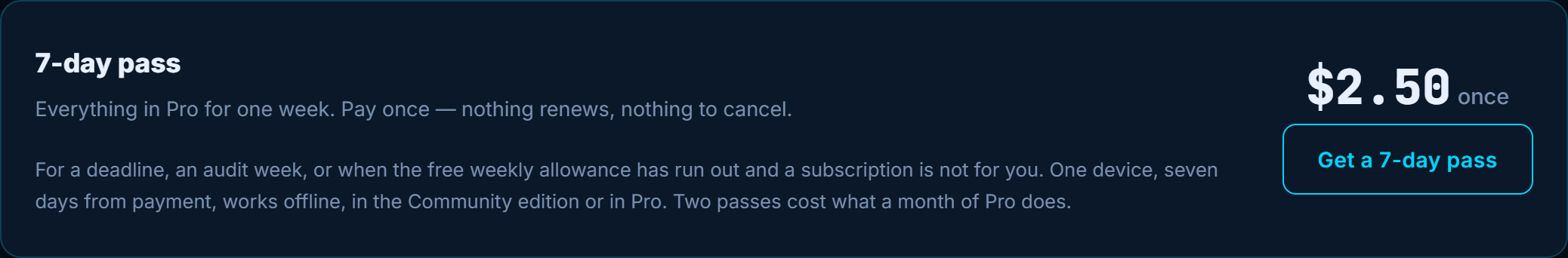 The 7-day pass on the pricing page: everything in Pro for one week, paid once, with the Get a 7-day pass button