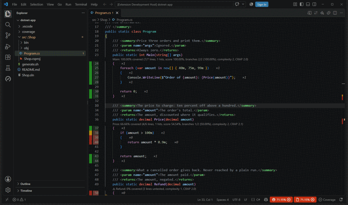 Run App with Coverage…: the console app started under dotnet-coverage, a few inputs, closed, and its coverage loaded