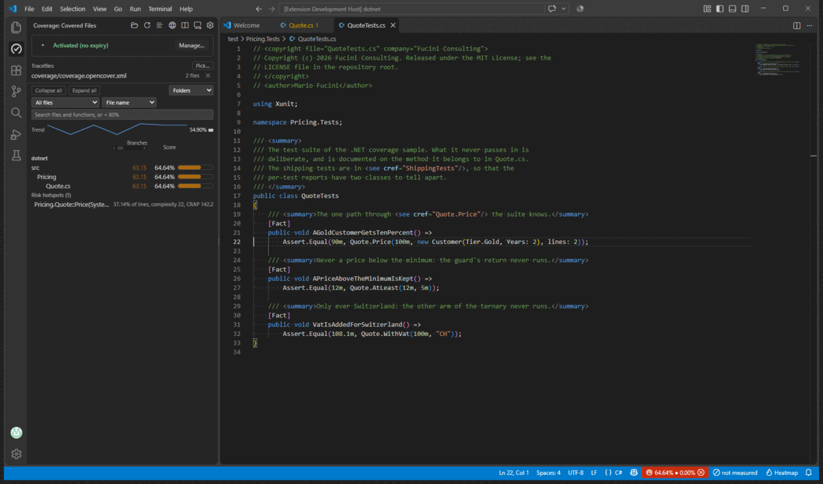 Run This Test with Coverage: the caret in a Fact, the one dotnet test --filter run in the terminal, the gutter of the class under test filling in