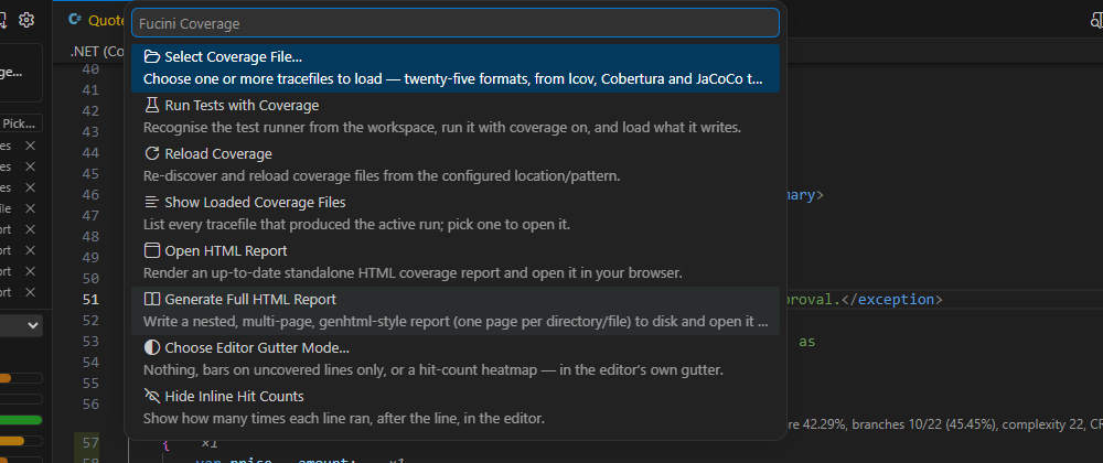 The status-bar menu: select a coverage file, run tests with coverage, reload, open the HTML report, choose the gutter mode