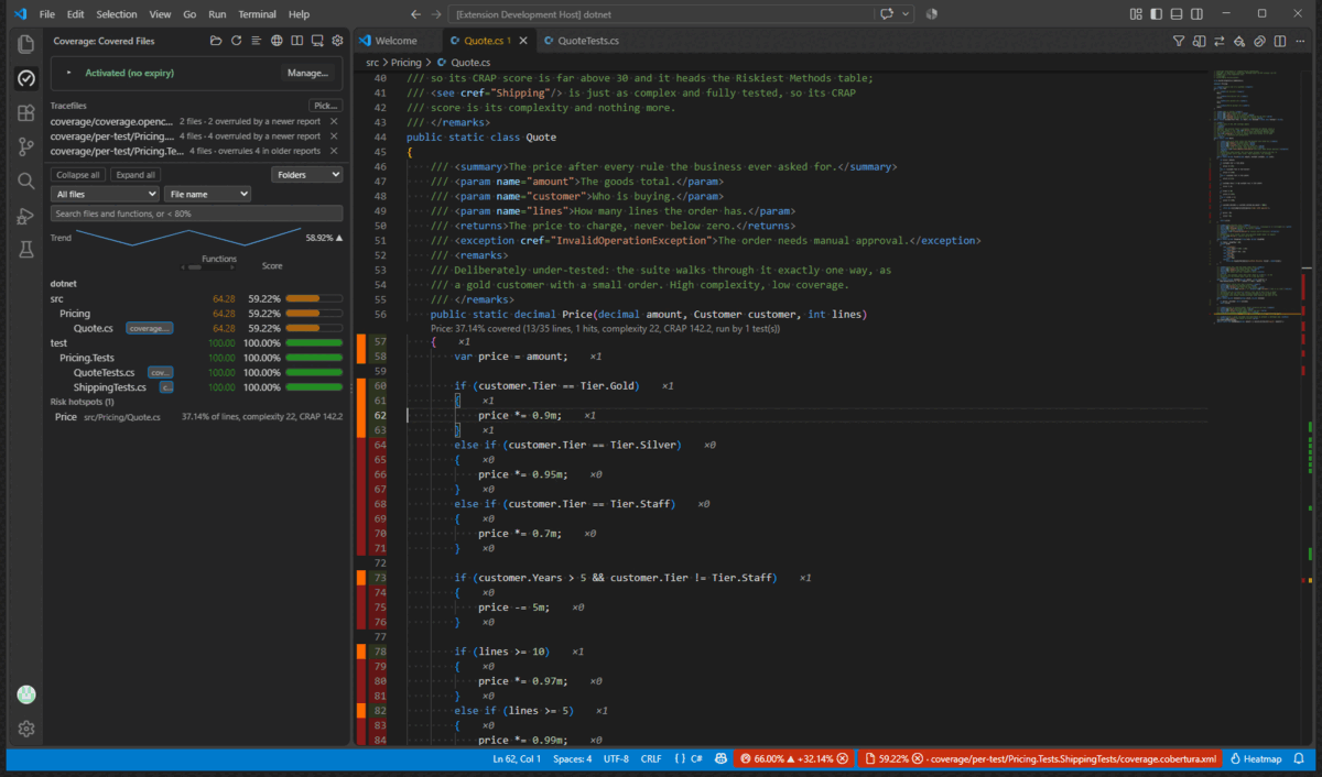Show Tests That Ran This Line: the caret on a line, the list of tests that ran it busiest first, and the picked test opened where it is written