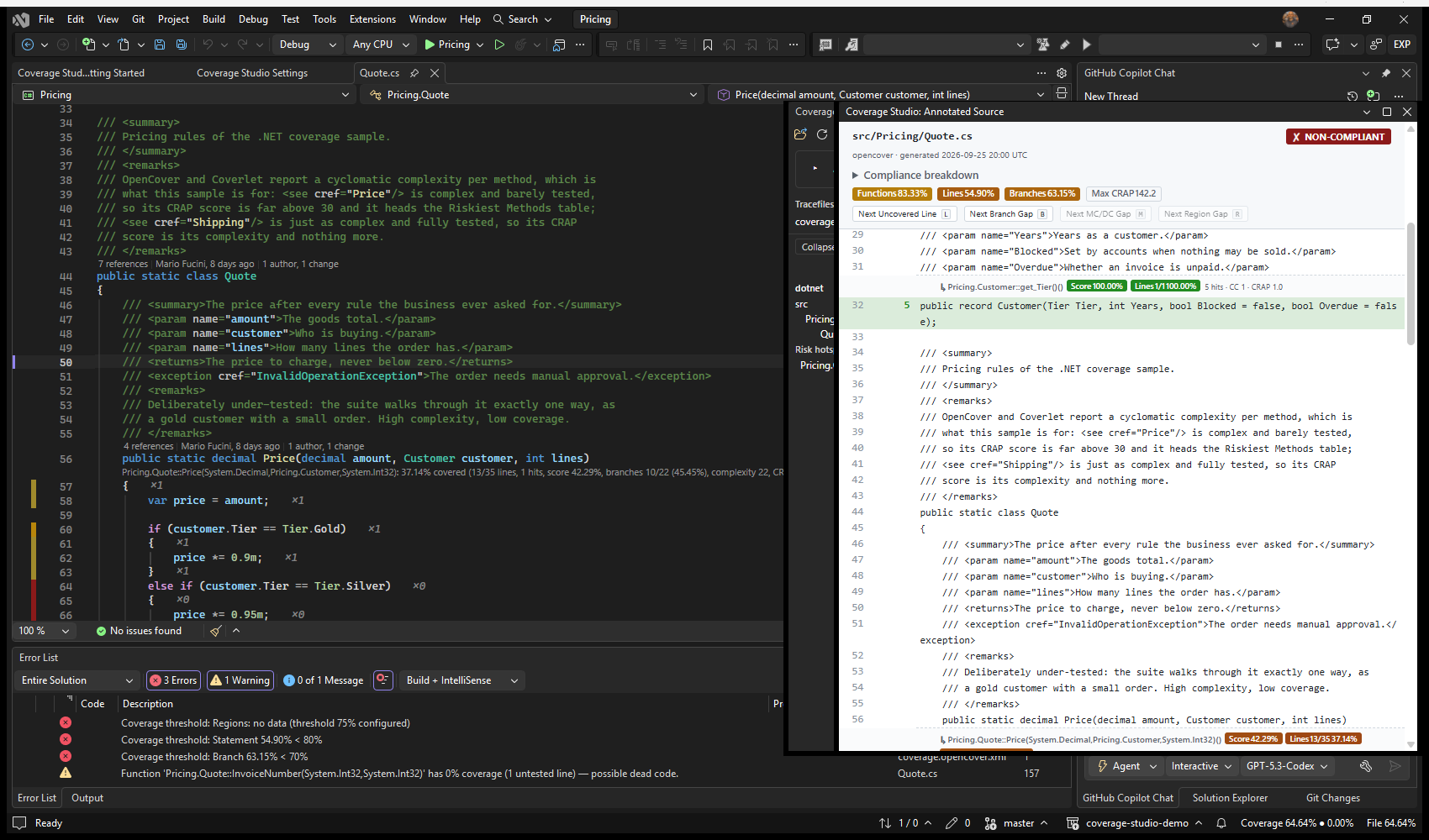 Visual Studio: Show Annotated Source — the file as a page in the document well, beside the editor
