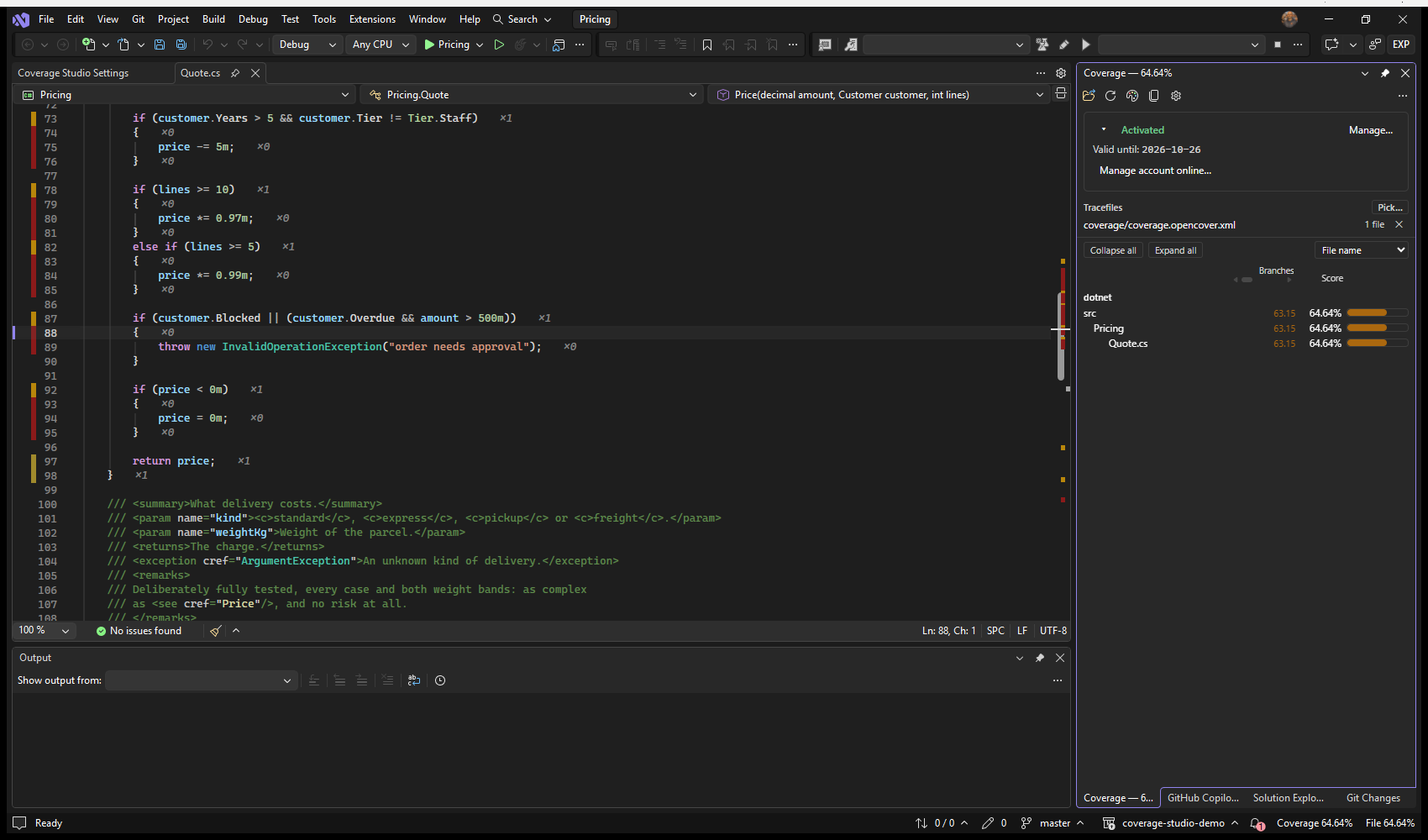 Visual Studio: the Coverage window after an activation — Activated, valid until a date, and a button to the account