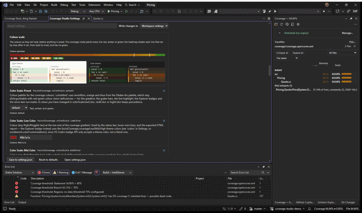 Visual Studio: the same settings page and the same colour preview