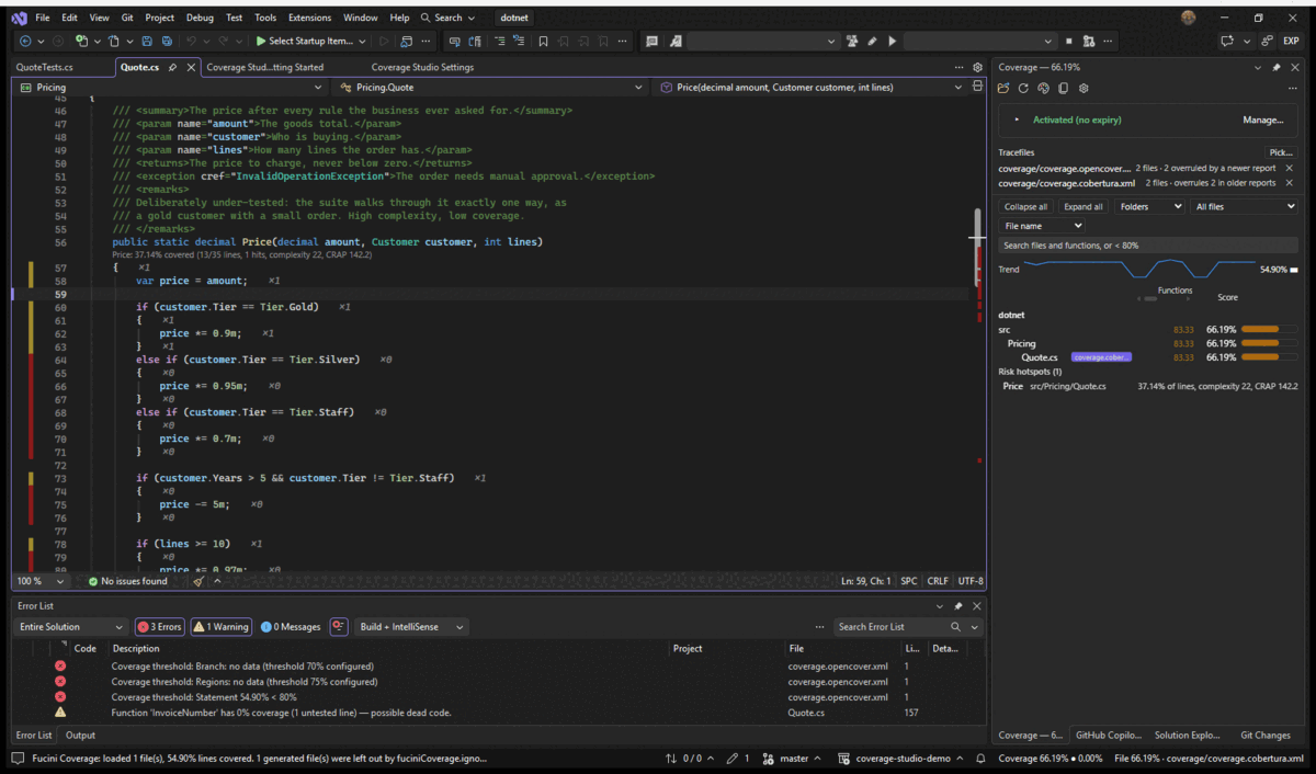 Visual Studio: with testRun.onSave on, a comment line added to Quote.cs and saved, the tests running by themselves and the lens above Price changing