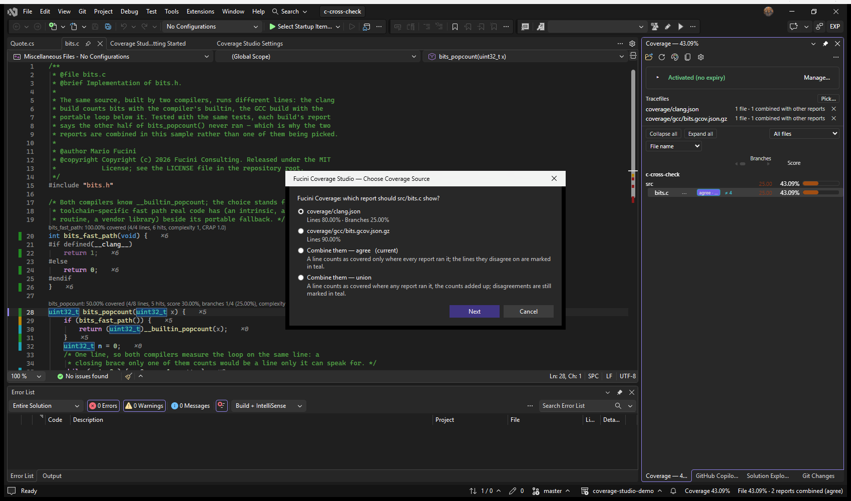 Visual Studio: Choose Coverage Source on bits.c from the Coverage window's row menu — the clang report, the GCC report and the two ways to combine them; behind it the row's agree badge with four disputed lines and the teal lines in the margin