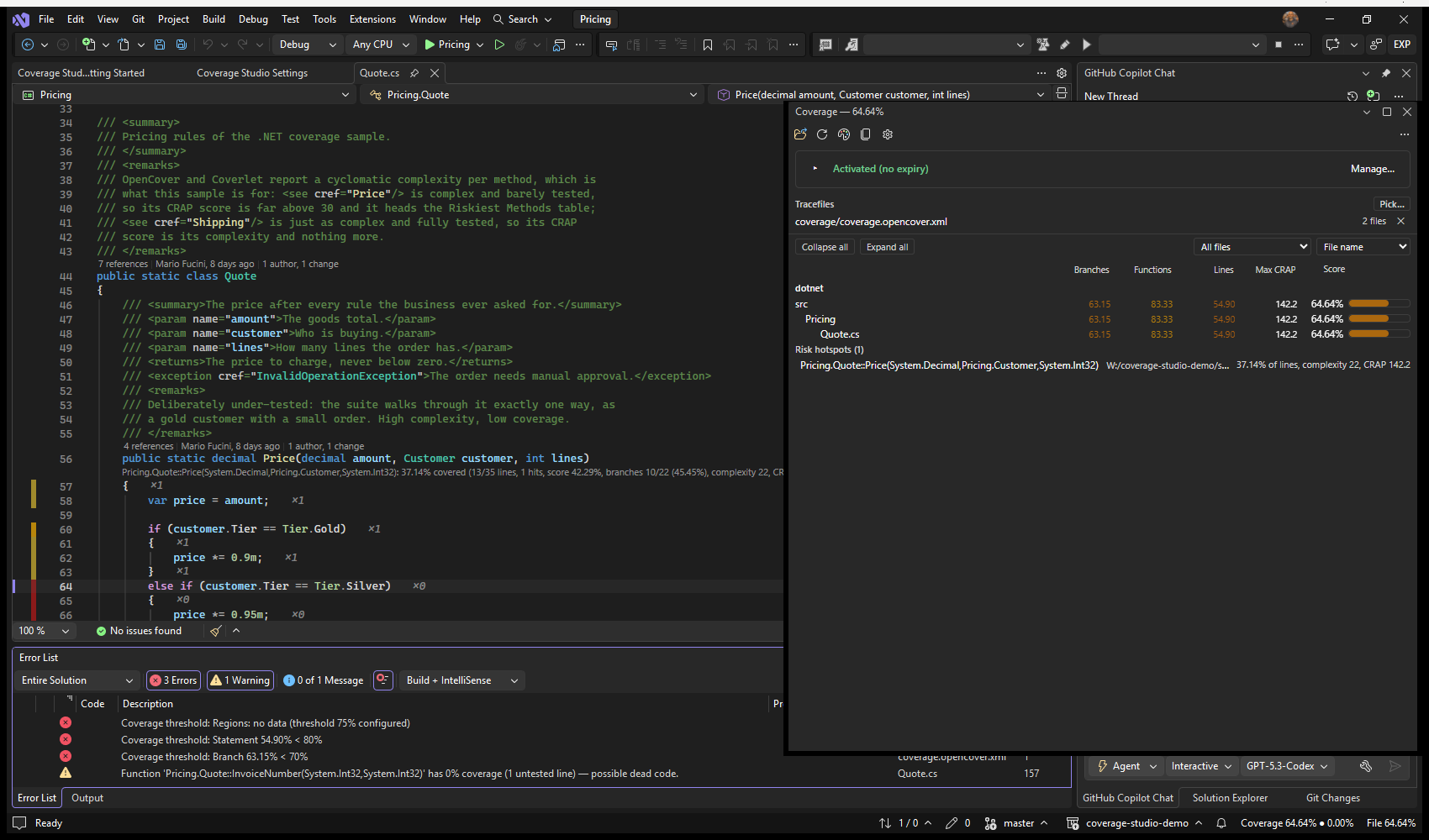 Visual Studio: Check Coverage Thresholds, with the findings in the Error List beside the compiler's own