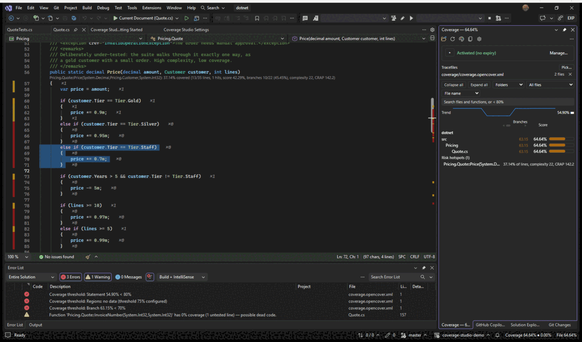Visual Studio: four lines of an else-if branch in Quote.cs selected, Exclude Selection from Coverage writing LCOV_EXCL_START and LCOV_EXCL_STOP around them, then ExcludeFromCodeCoverage above a method