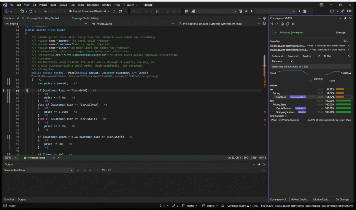 Visual Studio: switching documents, and the Coverage window's highlighted row following