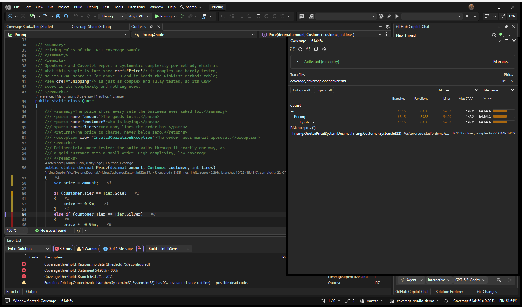 Visual Studio: the Coverage window with the filter beside the sort and the risk hotspots under the tree