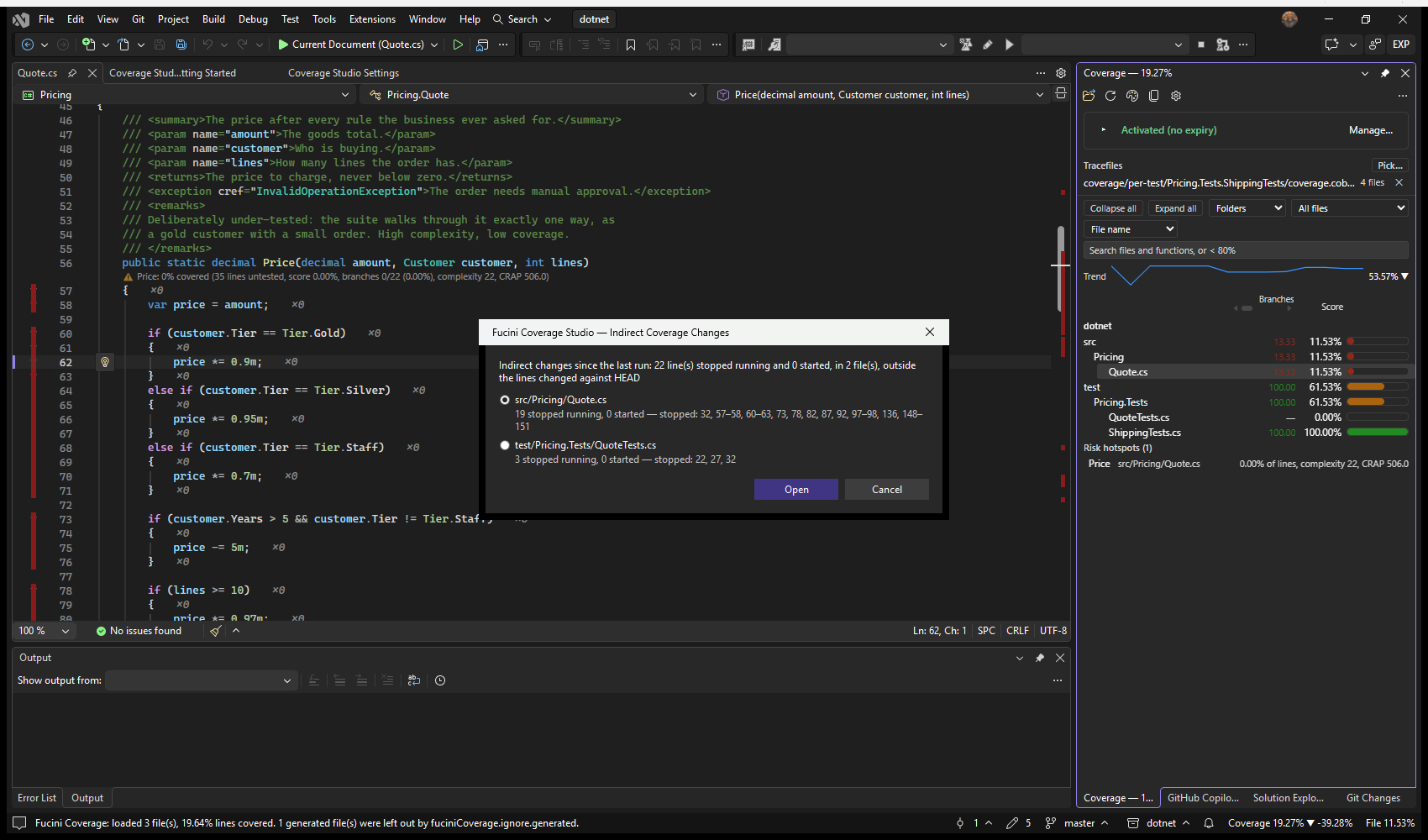 Visual Studio: Show Indirect Coverage Changes… — a file that lost lines nobody edited