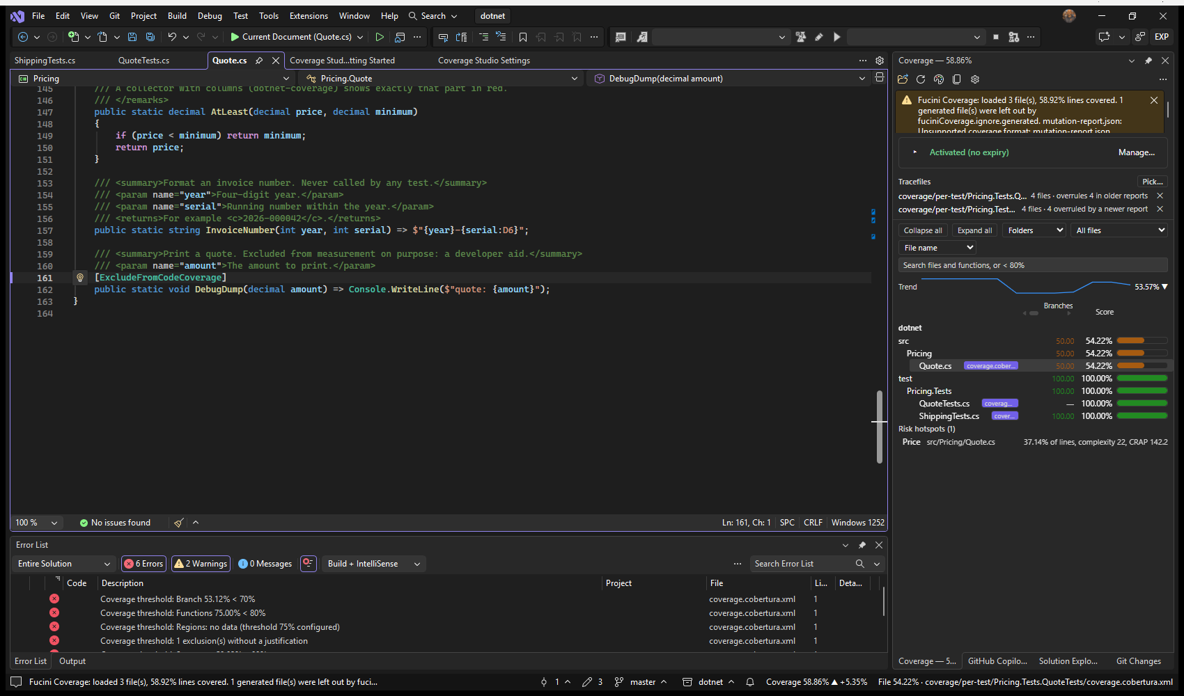 Visual Studio: an exclusion without a reason as a warning at its line, and the exported list with none given