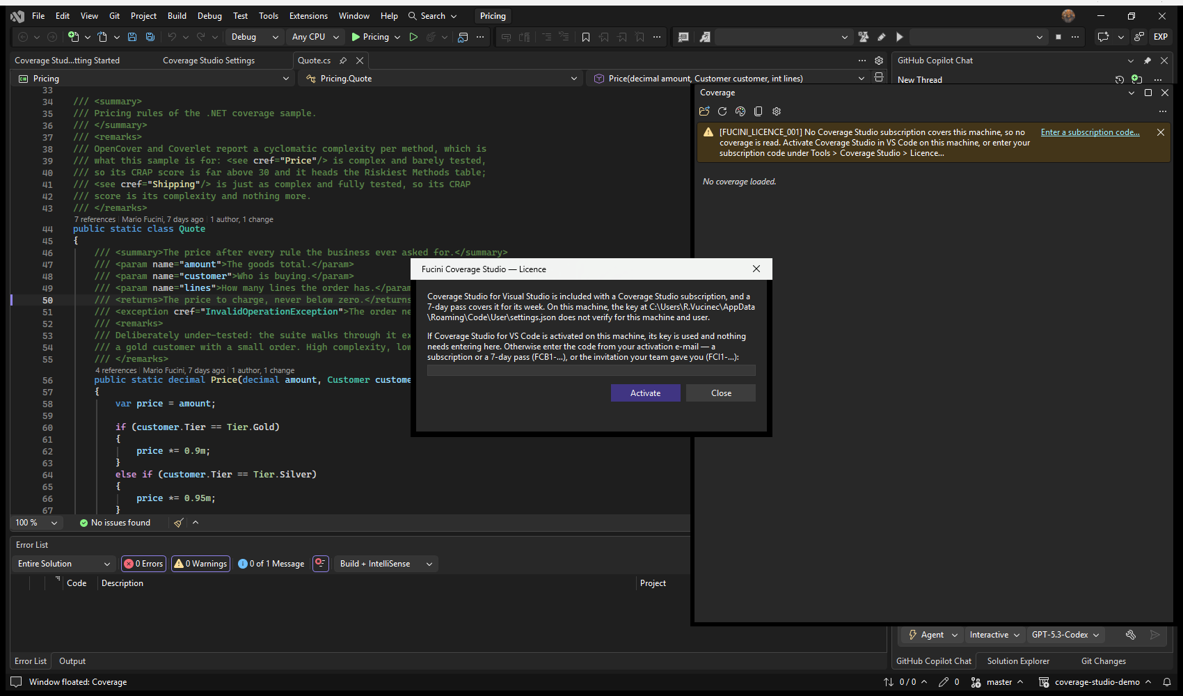 Visual Studio: the Coverage window says no subscription covers this machine, and the Licence dialog takes the subscription code