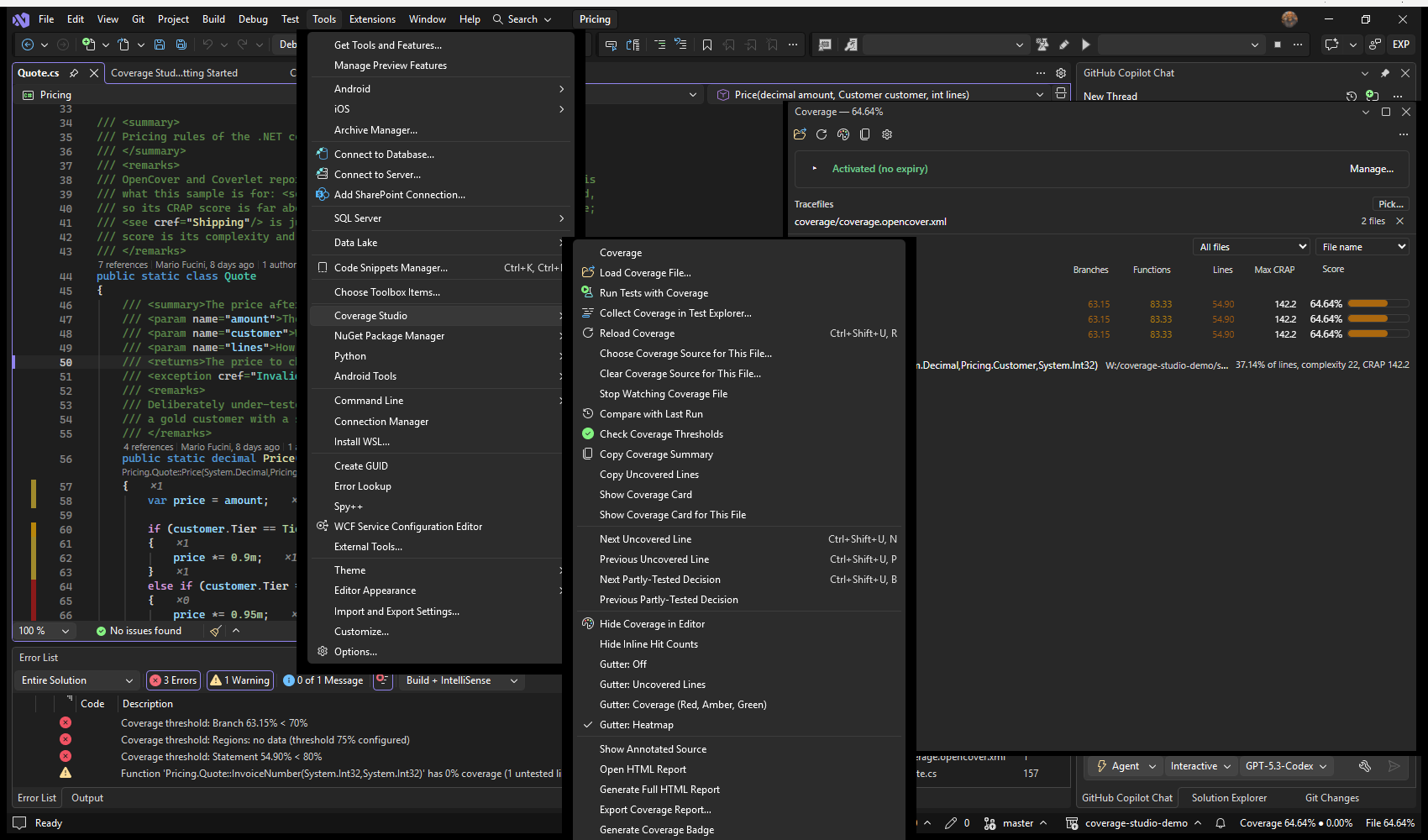 Visual Studio: Tools → Coverage Studio, open, with every command of the edition