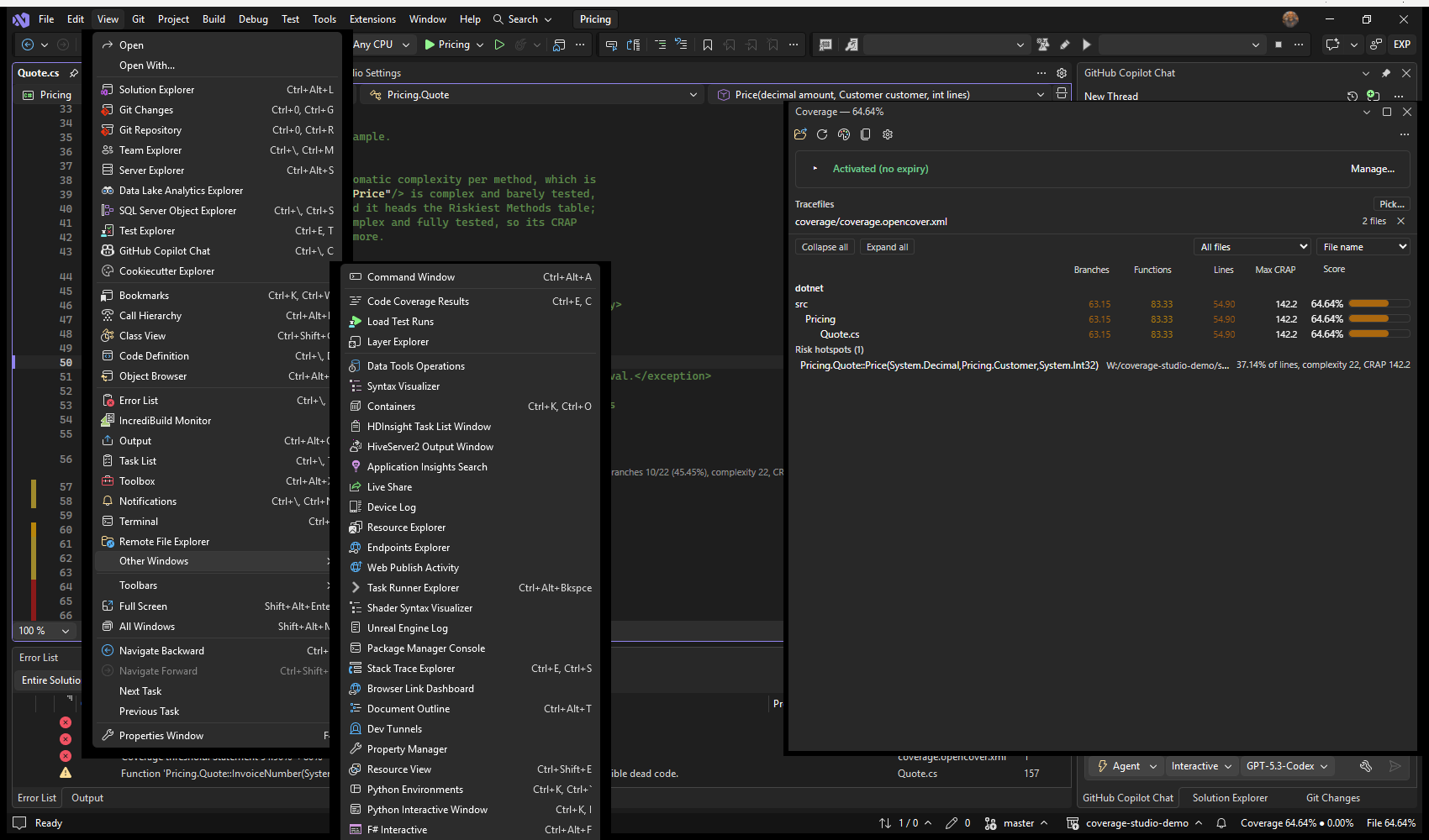 Visual Studio: View → Other Windows, where the Coverage window is