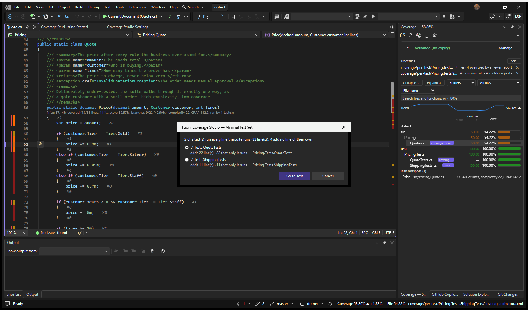 Visual Studio: Show Minimal Test Set… — the chosen tests, then the tests that add nothing