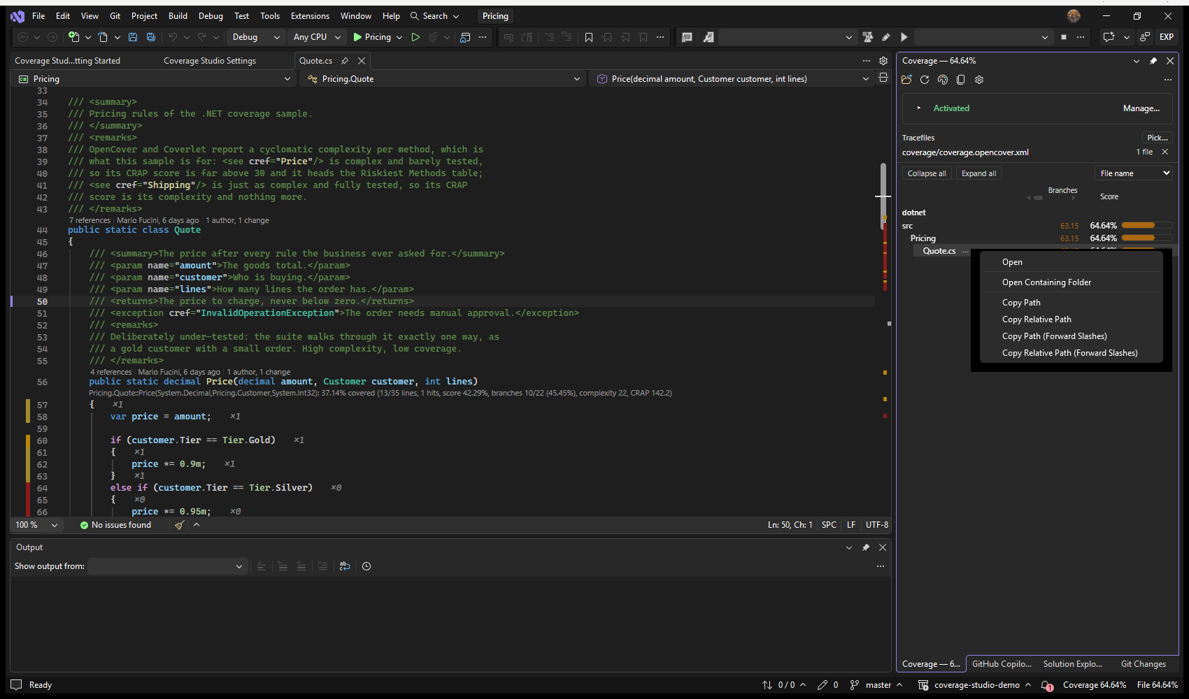 Visual Studio: a row's menu in the Coverage window — Open, Open Containing Folder, and the four Copy Path entries