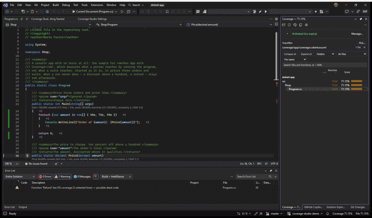 Visual Studio: Run App with Coverage… — the console app, a few inputs, closed, and its coverage loaded