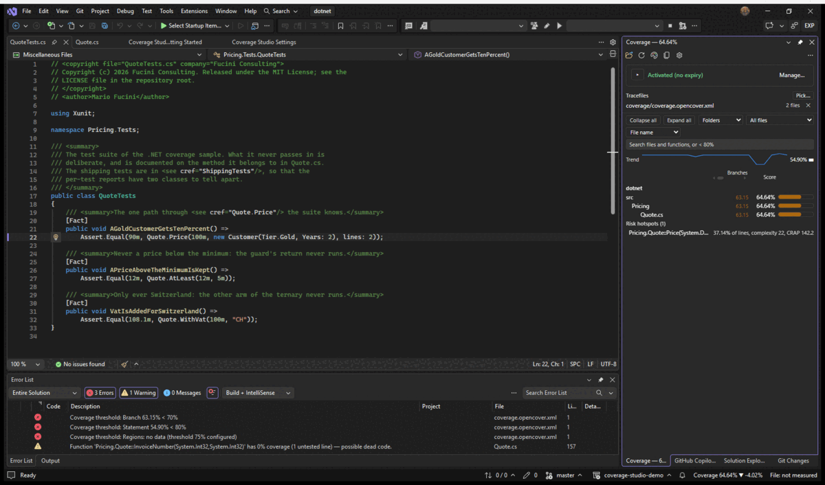 Visual Studio: the caret in the Fact AGoldCustomerGetsTenPercent, Run This Test with Coverage, the run appearing in the Tracefiles list and the lenses saying run by 1 test(s)