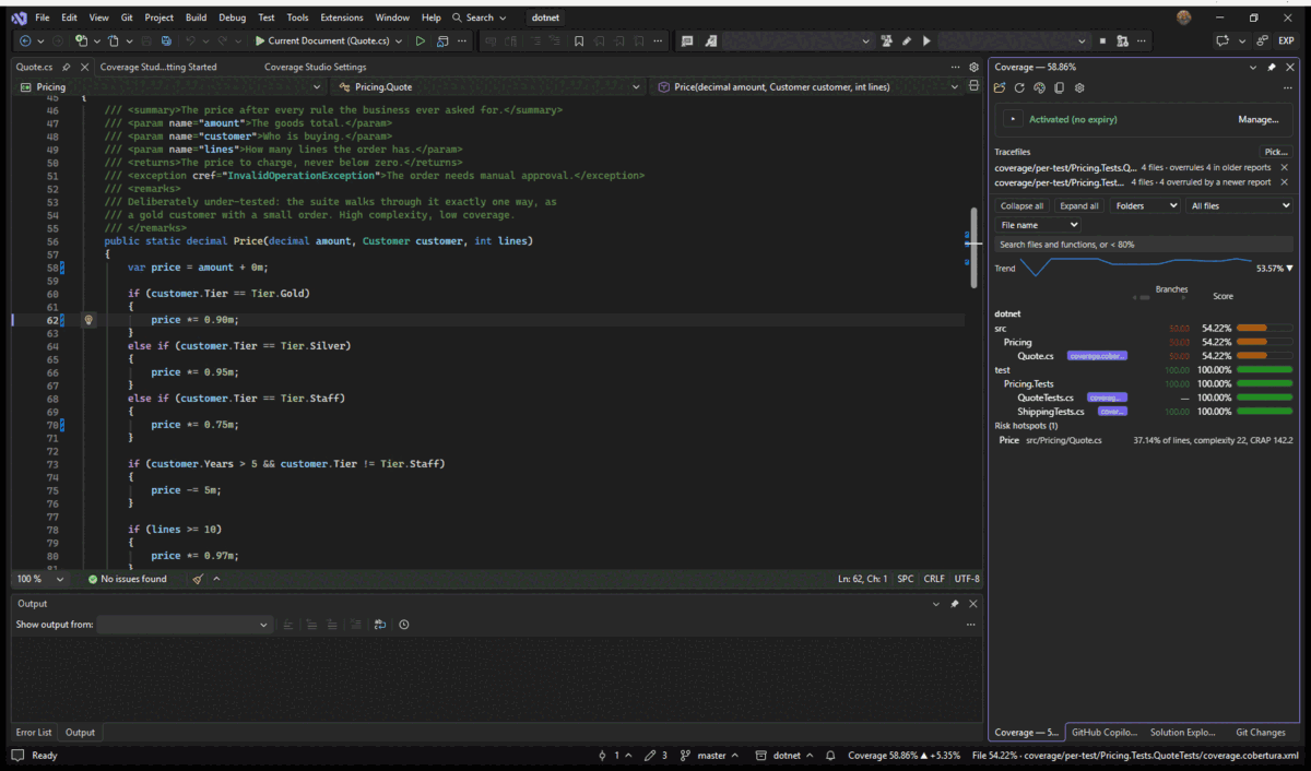 Visual Studio: an edit, Run Tests Affected by My Changes…, the list with the test that ran most of the change first, and the run of only those